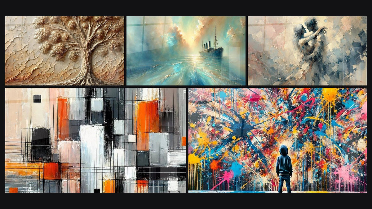Mosaïque de cinq tableaux, dont Arbre d'Antan, Au Cœur de la Brise et Mécanique des couleurs