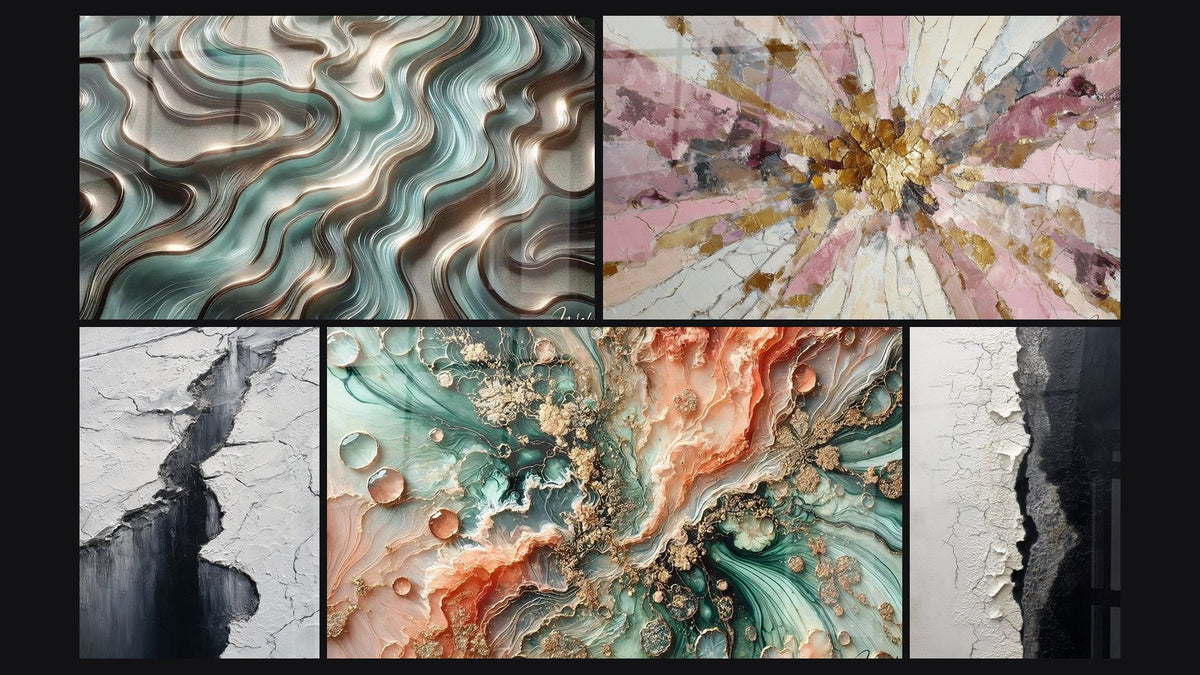 Mosaic of five paintings, including Ethereal Curves, Glacier Crevasse Wall Art Grey and Black and Coral Dream
