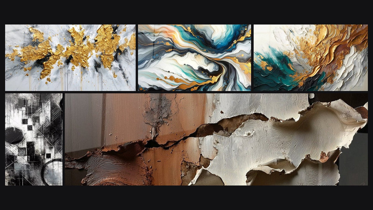 Mosaik aus fünf Gemälden, darunter Farbige Strömungen, Fragmente der Absolutheit und Trace in Gold und Jade