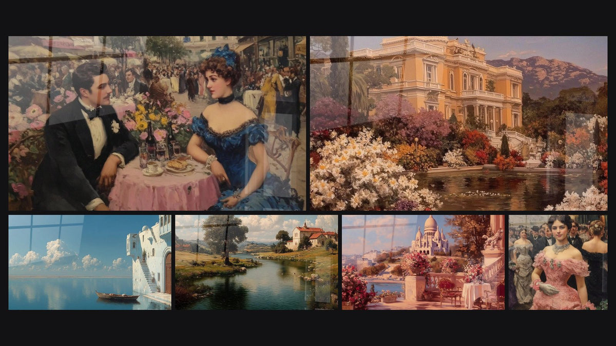 Mosaico di sei quadri, tra cui Caffè parigino Sguardi Complici, Monastero colline ondulate e Montmartre Grandezza Divina