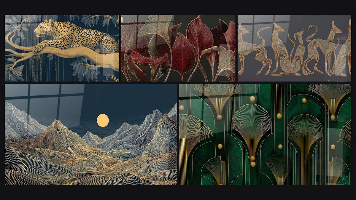 Mosaic of five paintings, including Tropical Foliage, Stylized Dogs and Mountain Landscape