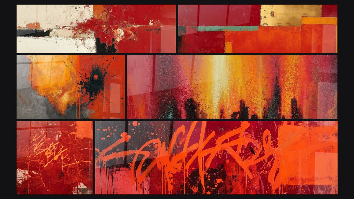 Mosaïque de six tableaux, dont Abstrait rouge orange et doré panoramique
