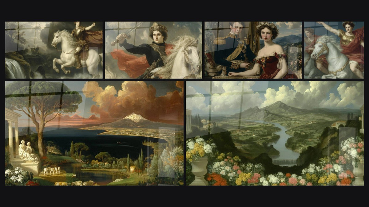Mosaico de seis cuadros, entre ellos Caballero Galop Celeste y Caballero Honor Triunfante