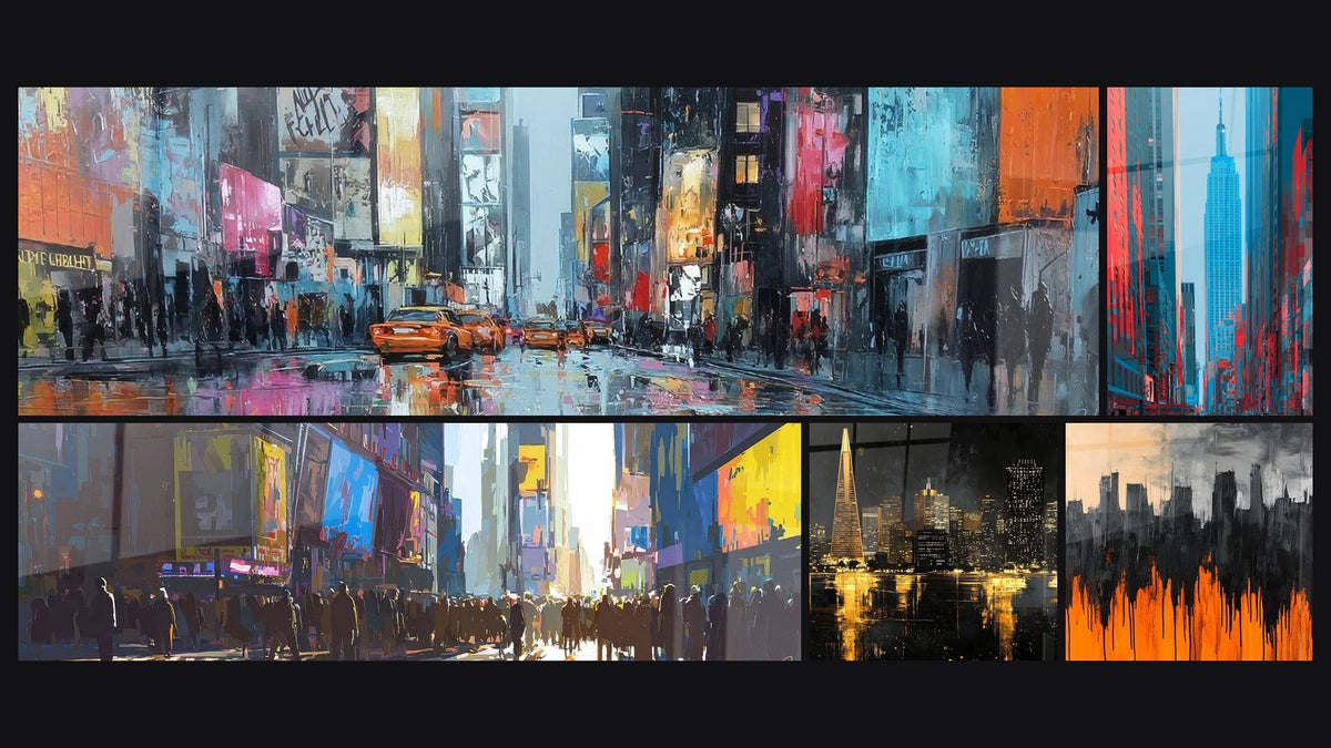 Mosaïque de cinq tableaux, dont Times Square sous la pluie, Empire State Building et Times Square Manhattan