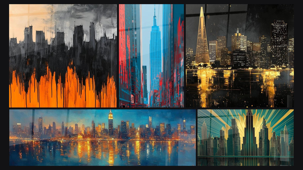 Mosaik aus fünf Gemälden, darunter Cityscape Wilde Lichter, New York Elektrischer Traum und New York Skyline