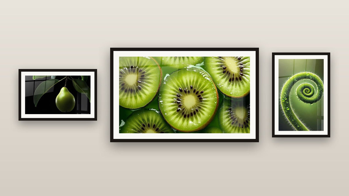 Gallery wall with three framed paintings, including Pear Wall Art No. 1 and Spiral of Life