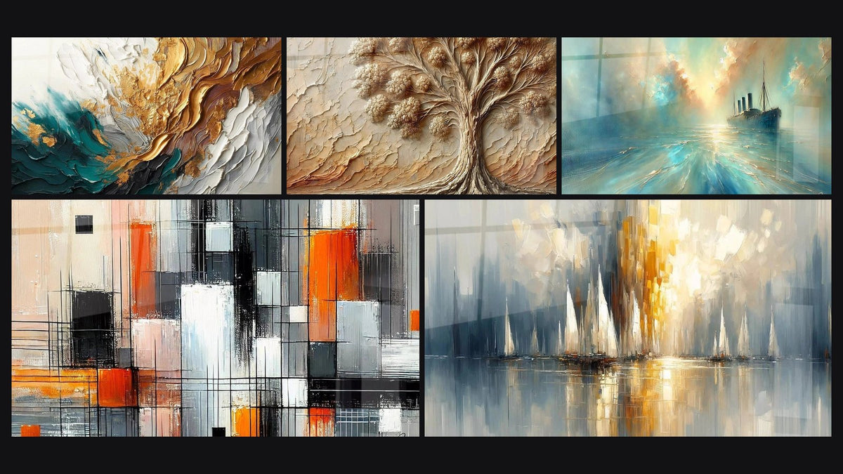 Mosaïque de cinq tableaux, dont Trace en Or et Jade, Arbre d'Antan et Au Cœur de la Brise
