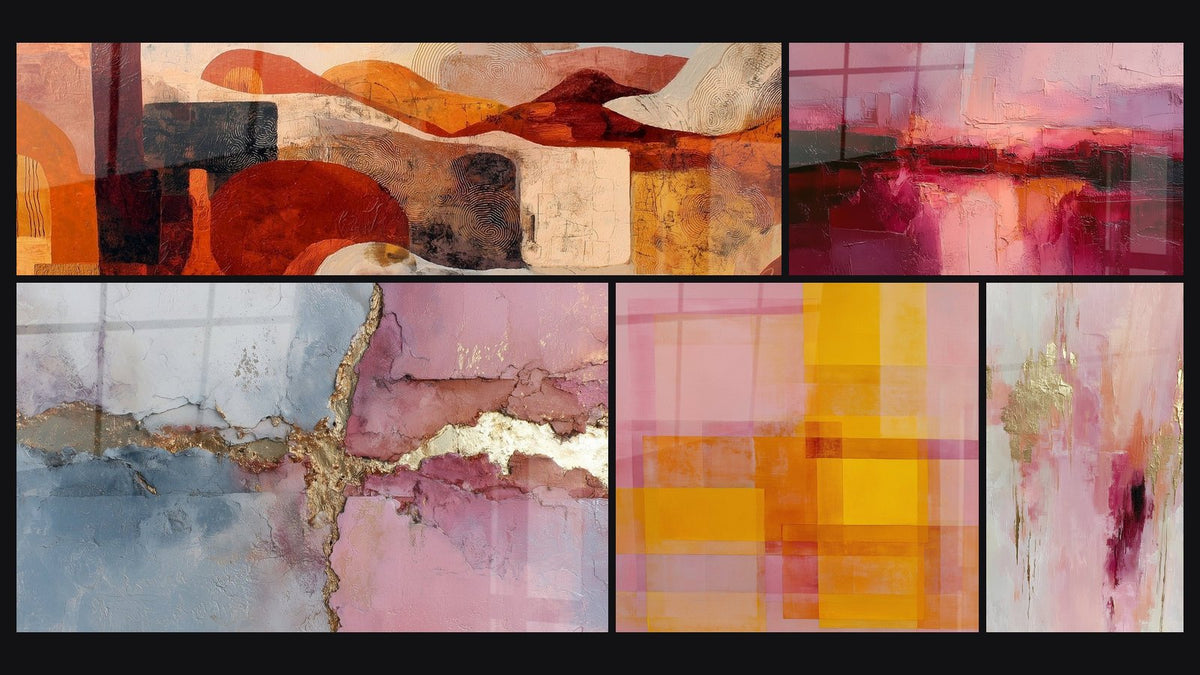 Mosaïque de cinq tableaux, dont Abstrait rose et bleu avec dorures