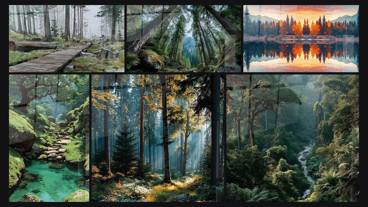 Mosaik aus sechs Gemälden, darunter Vogesenwälder, Waldpfad-Wandbild mit Smaragdbecken und Mammutbaum-Wald
