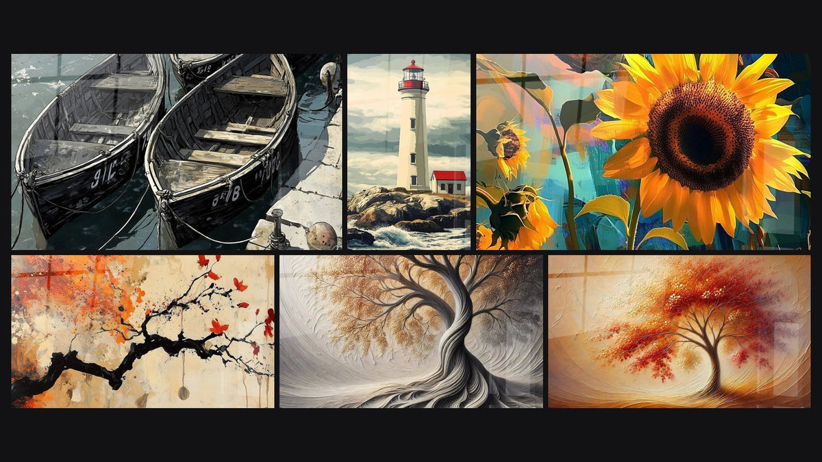 Mosaïque de six tableaux, dont Port N°2, Phare N°3 et Terracotta N°4