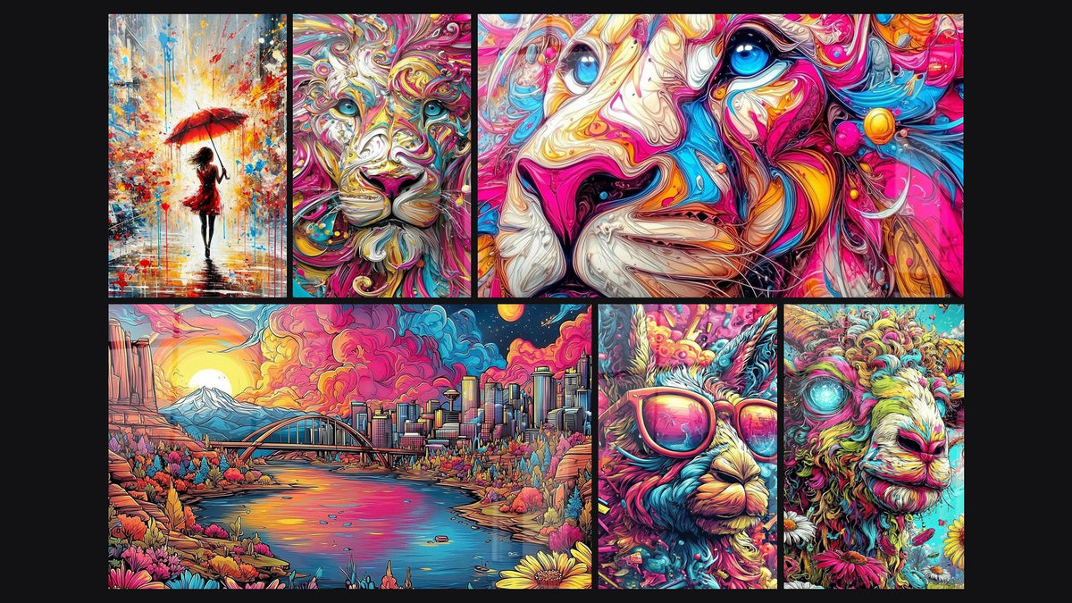 Mosaïque de six tableaux, dont Pluie de Couleurs, Paysage urbain fantastique et Lion psychédélique