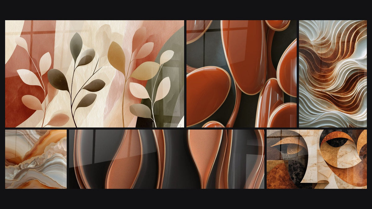 Mosaïque de six tableaux, dont Vagues sinueuses cuivre et anthracite