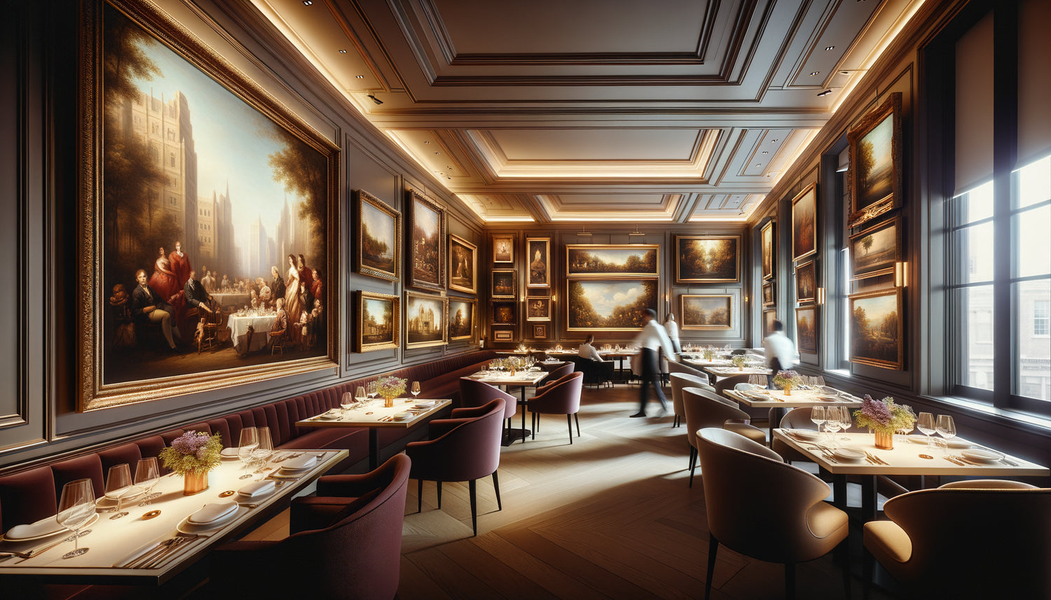 Tableaux de valeur accrochés aux murs d'un restaurant élégant, éclairage professionnel, ambiance gastronomique raffinée