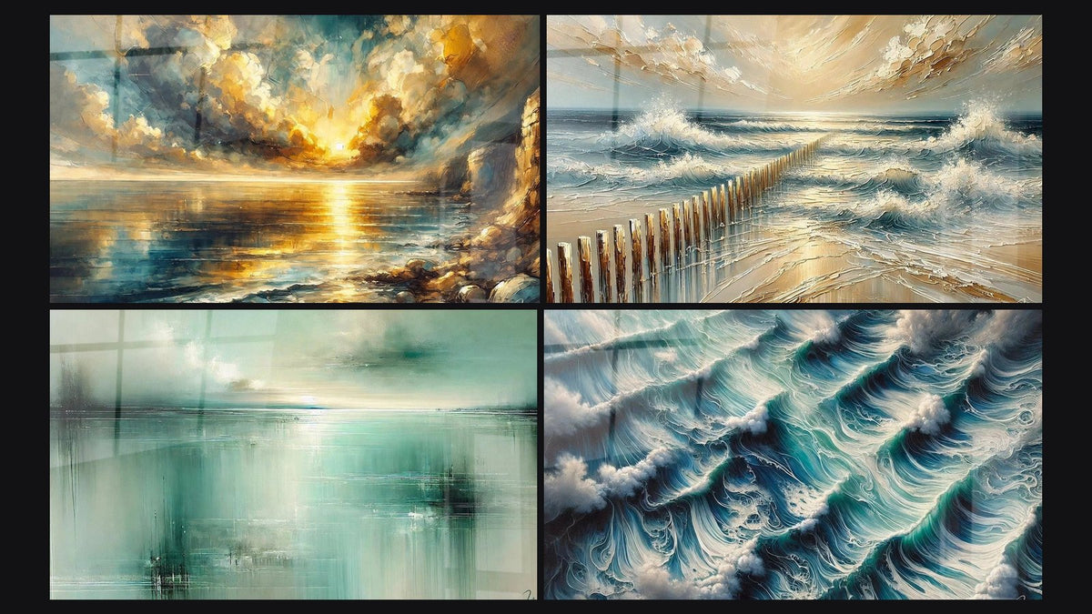 Mosaico de cuatro cuadros, entre ellos Crepúsculo Dorado, Reflejos de Jade y Marea de Oro