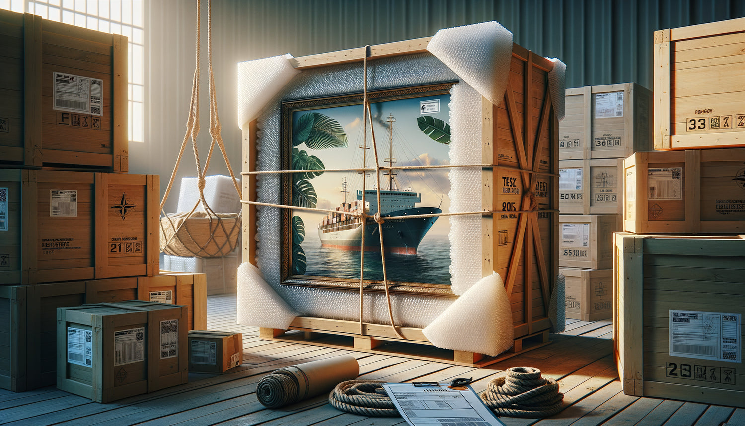 Tableau mural emballé professionnellement dans caisse en bois pour transport maritime outre-mer sécurisé