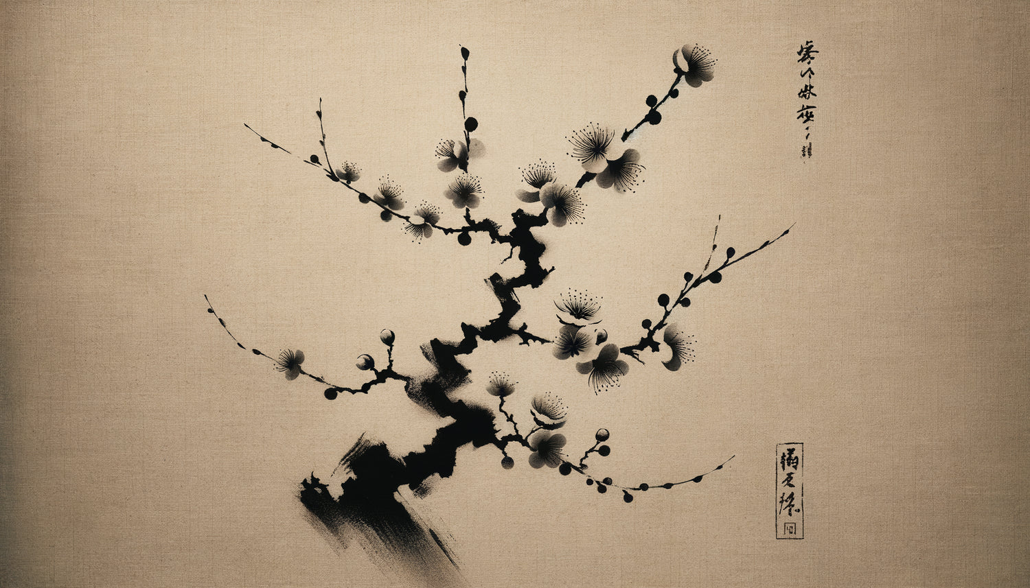 Peinture zen japonaise à l'encre de Chine montrant une composition asymétrique traditionnelle avec branche de prunier décentrée selon les principes esthétiques wabi-sabi