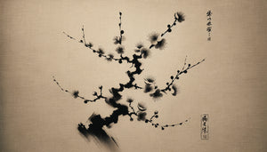 Peinture zen japonaise à l'encre de Chine montrant une composition asymétrique traditionnelle avec branche de prunier décentrée selon les principes esthétiques wabi-sabi