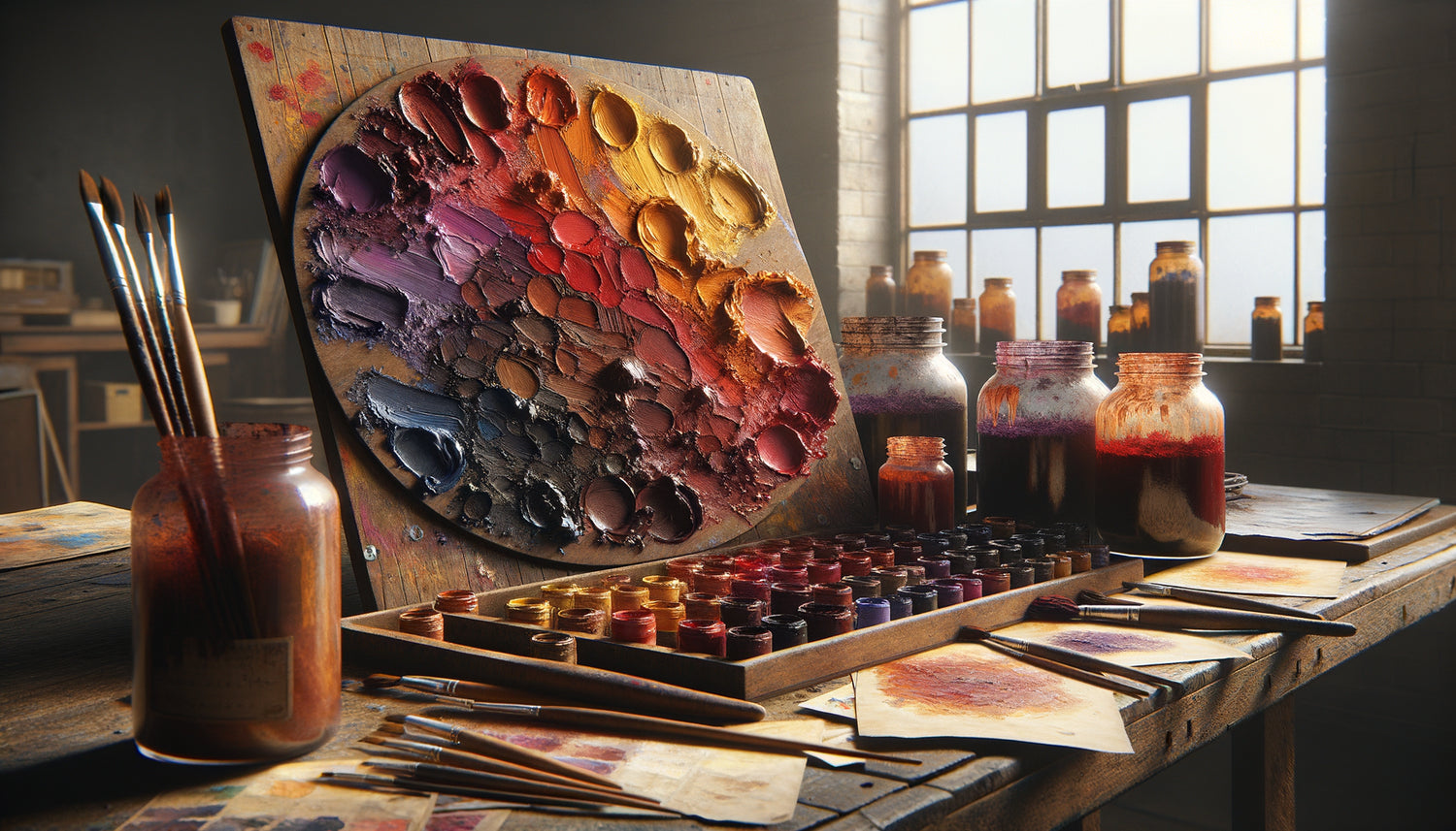 Palette d'atelier années 1950 avec pigments abstraits expressionnistes dans les tons Rothko, pots de couleurs et pinceaux vintage