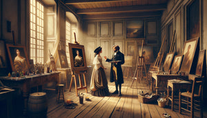 Artiste du 19ème siècle offrant un portrait à son modèle dans un atelier parisien, moment de reconnaissance mutuelle