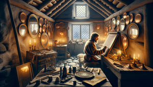 Atelier d'artiste nordique médiéval avec miroirs de cuivre poli reflétant la lumière hivernale rare sur un manuscrit enluminé