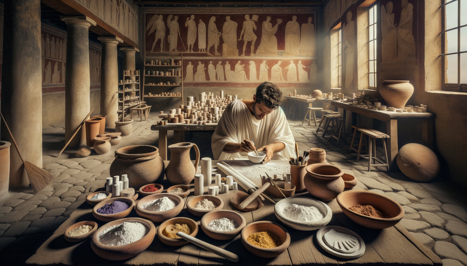Artisan romain testant des pigments blancs dans un atelier de fresquistes à Pompéi, 1er siècle après J.-C.