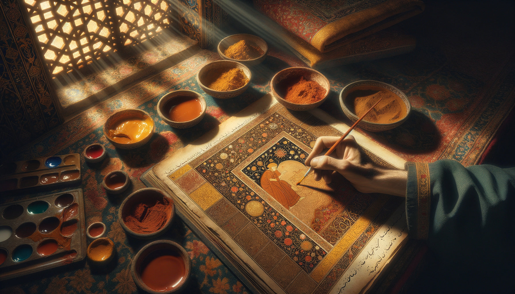 Atelier de miniaturiste persan safavide du 17e siècle à Ispahan utilisant le pigment terre de Sienne toscan
