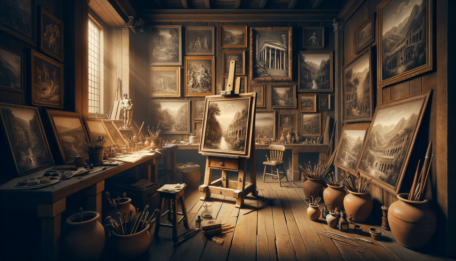 Atelier de peintre du XVIIe siècle avec estampes de ruines romaines et paysages italiens servant de références visuelles