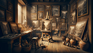 Atelier de peintre du XVIIe siècle avec estampes de ruines romaines et paysages italiens servant de références visuelles