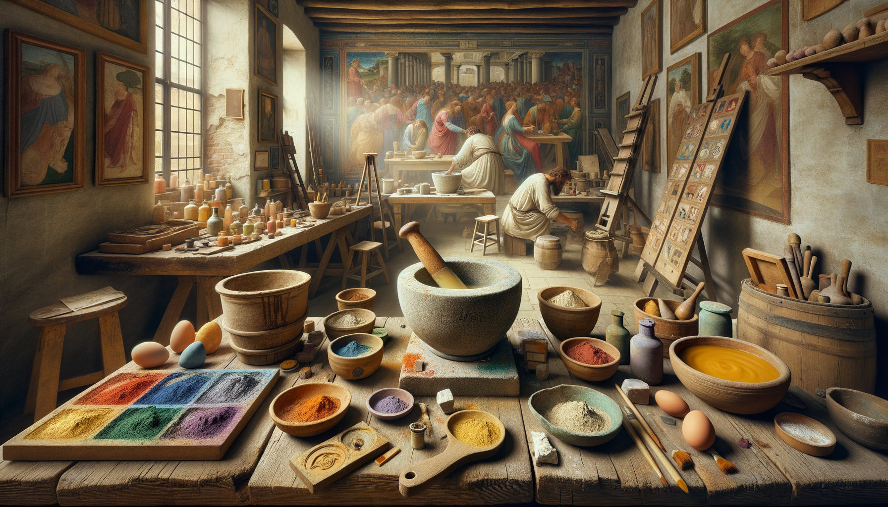 Atelier de peintre Renaissance avec pigments naturels broyés, œuf pour tempera et outils authentiques d'époque