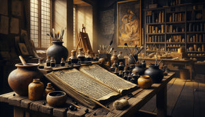 Atelier d'artiste Renaissance XVIe siècle avec manuscrits de recettes de pigments noirs sur table en bois