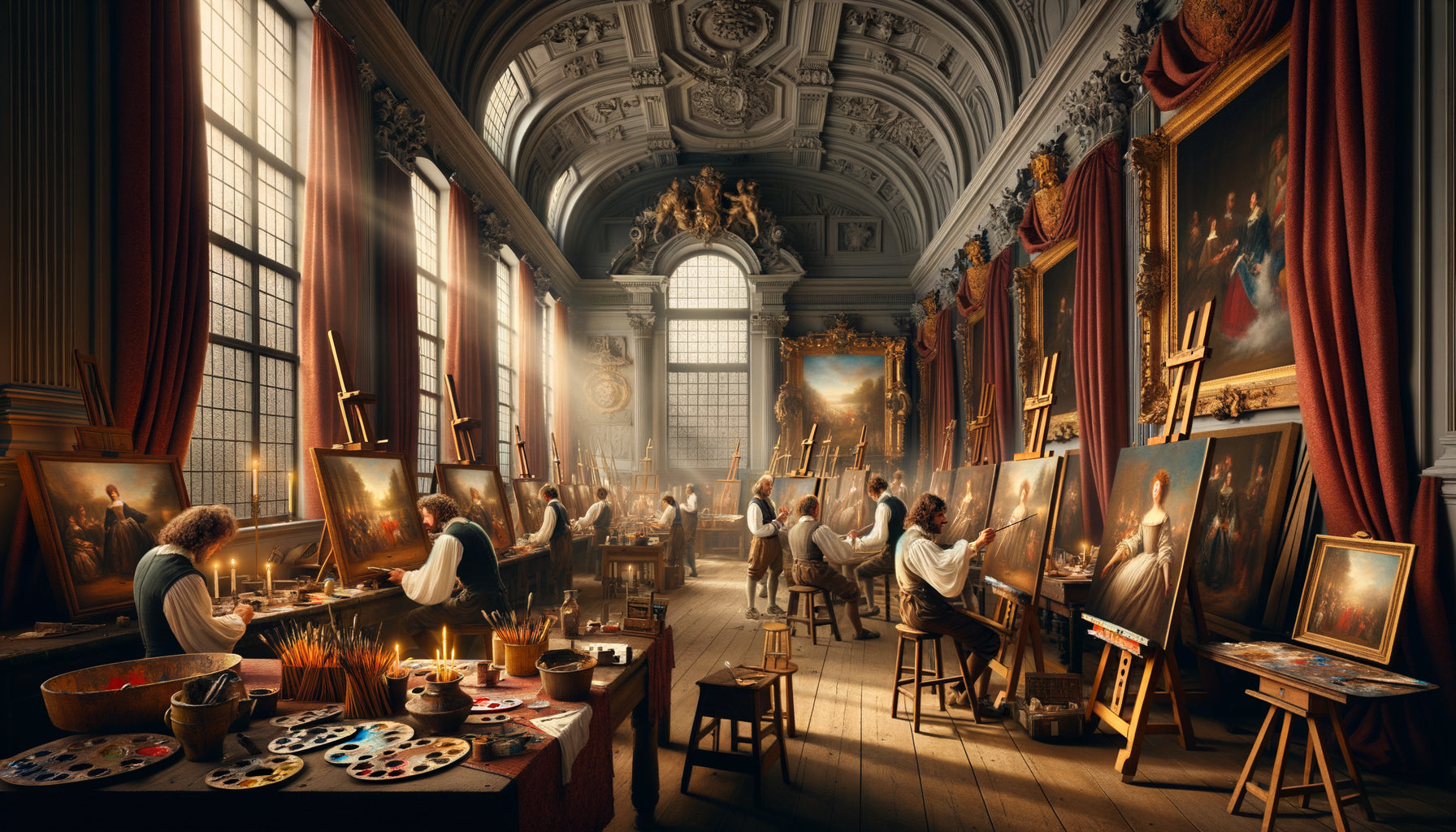 Atelier baroque de Rubens au XVIIe siècle à Anvers, équipe de peintres spécialisés collaborant sur grandes toiles