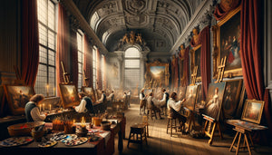 Atelier baroque de Rubens au XVIIe siècle à Anvers, équipe de peintres spécialisés collaborant sur grandes toiles