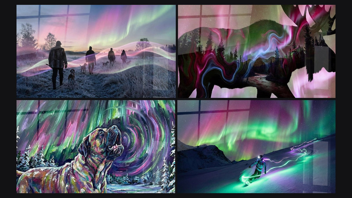 Mosaic of four paintings, including Hunters Northern Lights and Snowboard Northern Lights
