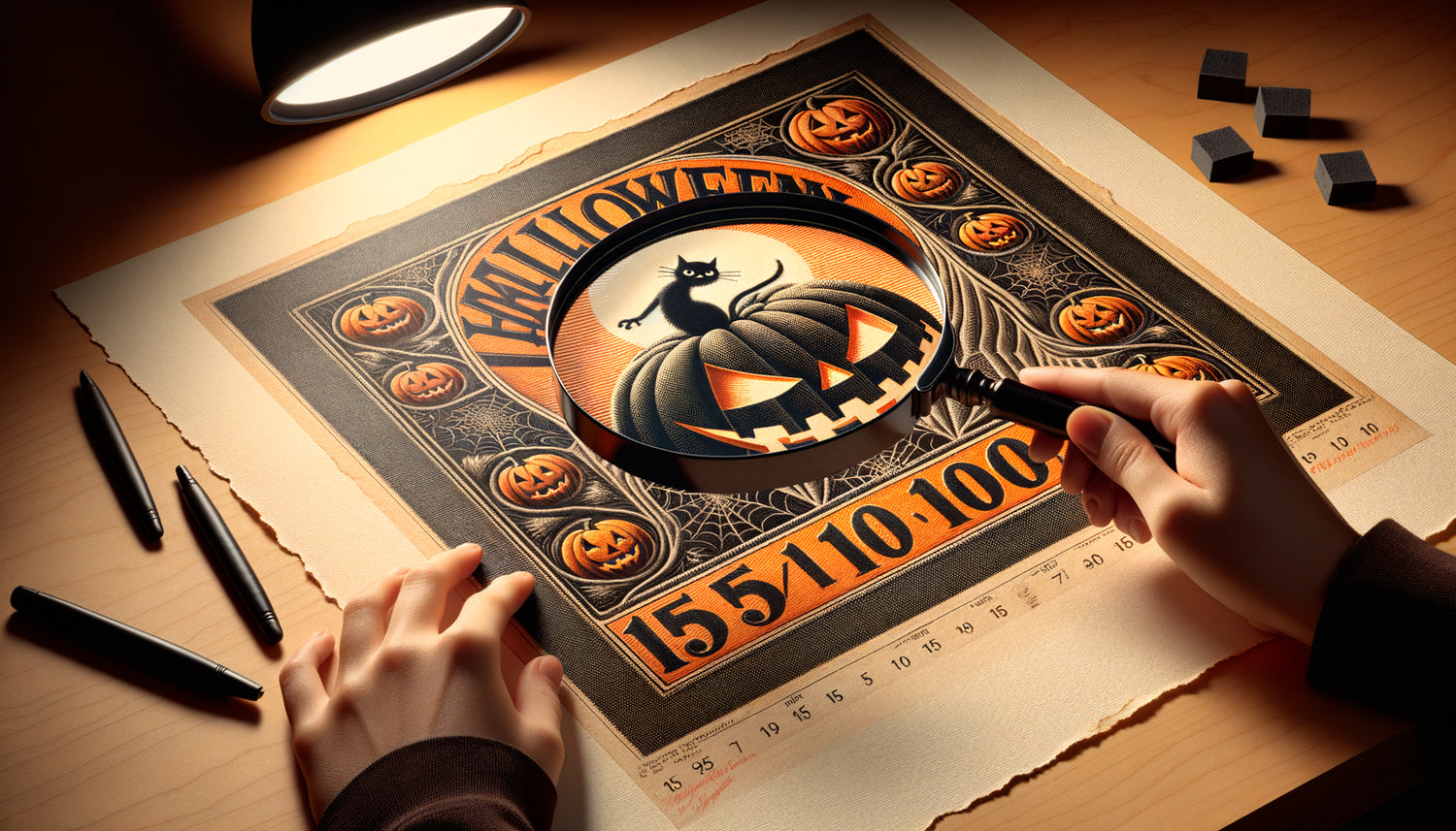 Examen d'une lithographie Halloween vintage numérotée montrant la numérotation manuscrite, le papier d'art texturé et le relief des encres lithographiques authentiques