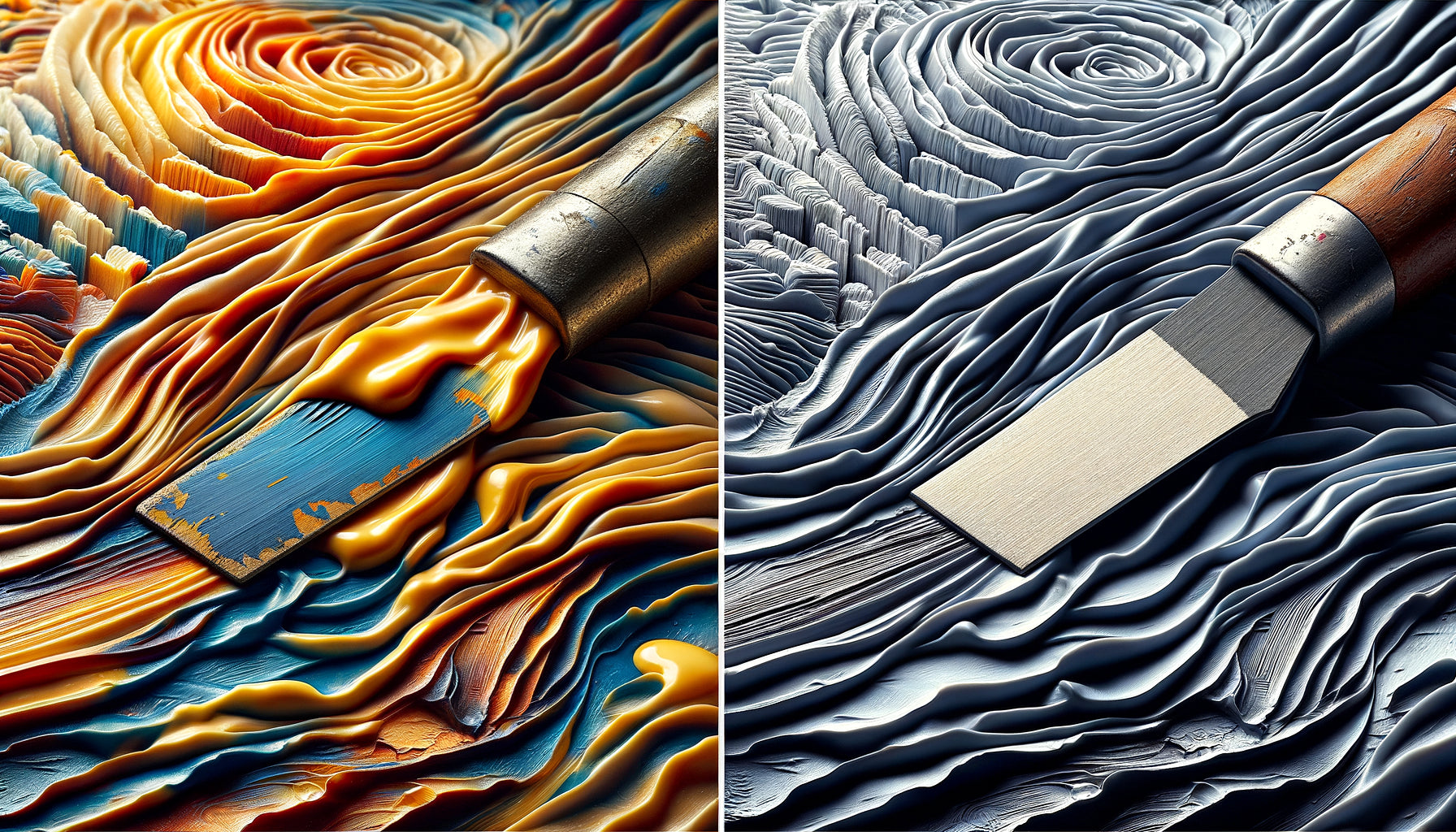 Comparaison macro entre peinture au couteau authentique avec empâtements épais et impression texturée industrielle plate