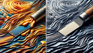 Comparaison macro entre peinture au couteau authentique avec empâtements épais et impression texturée industrielle plate