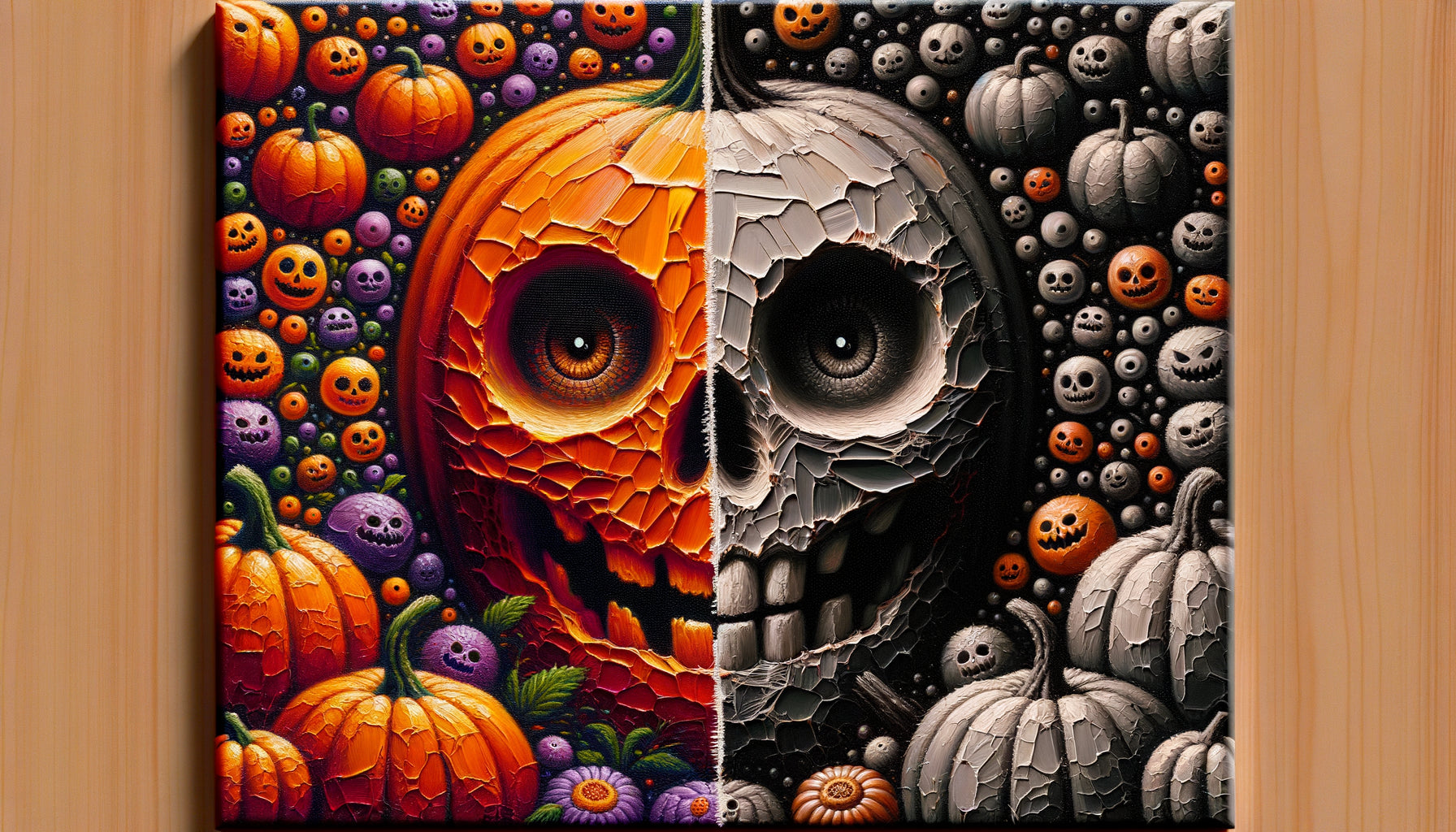 Comparaison macro détaillée entre peinture Halloween originale avec relief de coups de pinceau et impression numérique à surface lisse