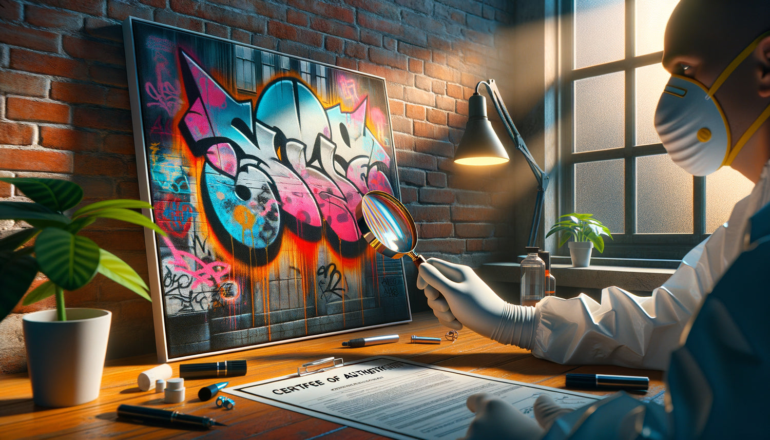 Expert authentifiant une œuvre street art contemporaine avec loupe, examinant signature et certificat sur bureau professionnel