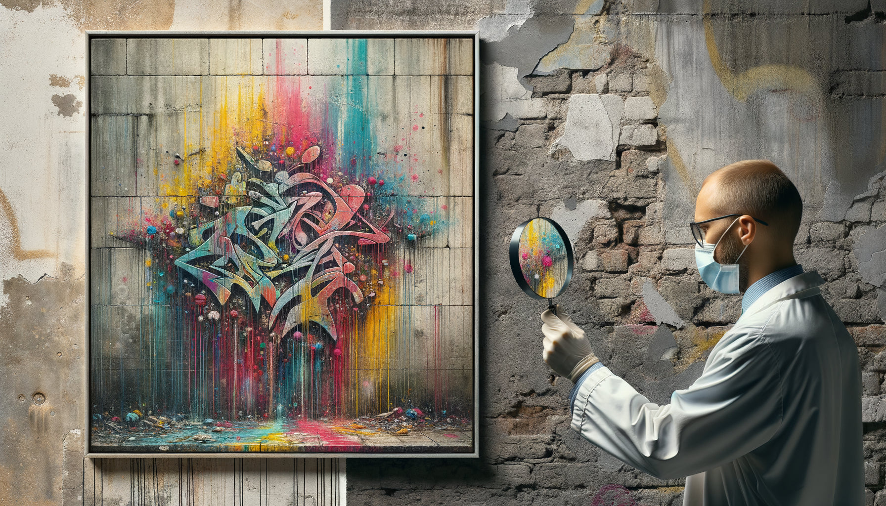 Gros plan comparatif montrant la texture authentique d'une peinture street art versus une impression plate, détails de peinture en spray