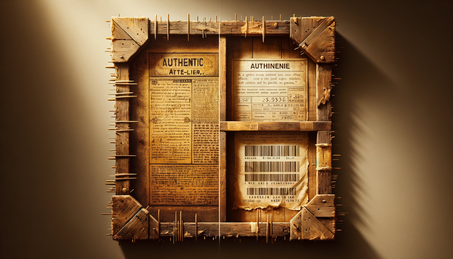 Détails d'authentification d'un tableau vintage d'atelier : dos de toile ancienne avec châssis patiné et inscription manuscrite versus production industrielle moderne