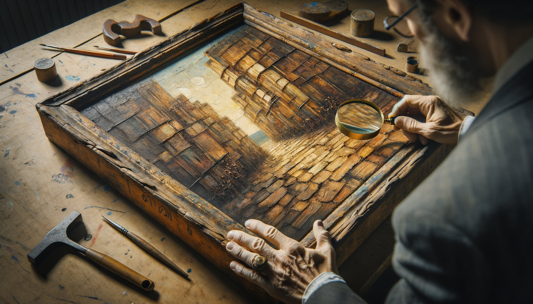 Examen d'expert d'un tableau vintage mid-century : analyse du verso, signature et texture pour authentification