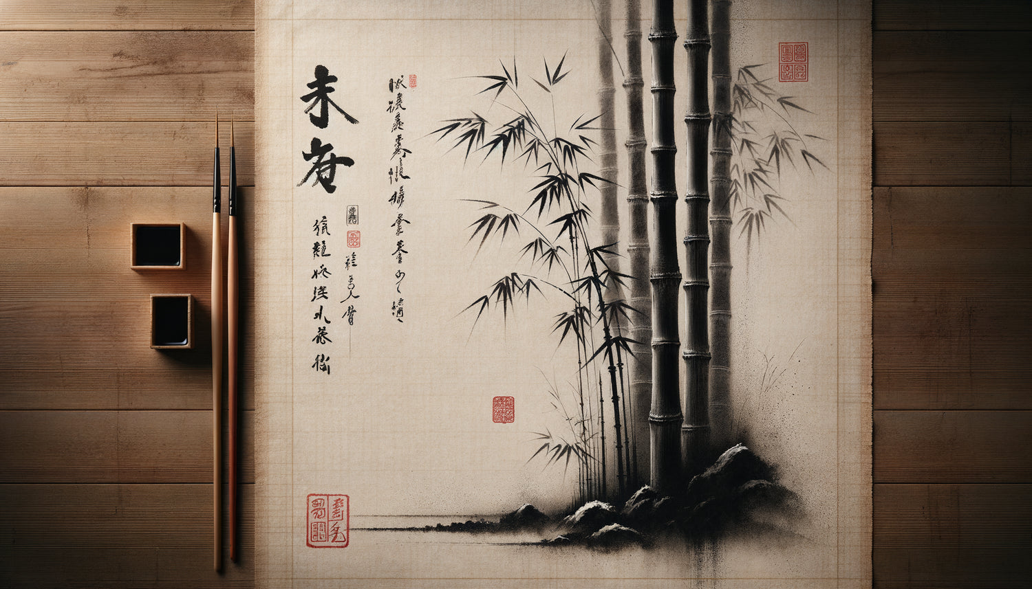 Gros plan d'une peinture zen authentique à l'encre sumi sur papier washi avec cachet rouge traditionnel