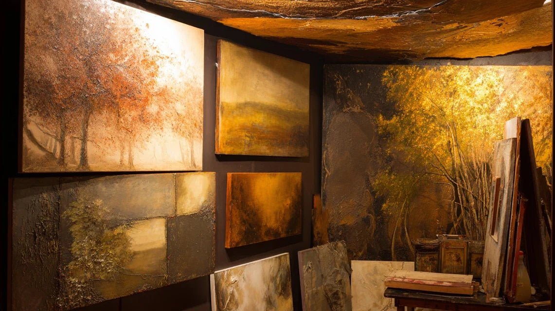 Automne mural : teintes ocre, paysages feuillus, textures brutes