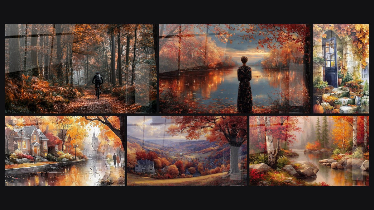 Mosaik aus sechs Gemälden, darunter Dorf Bunte Ufer, Frau Stille Glutrot und Berglandschaft Purpurrote Hügel