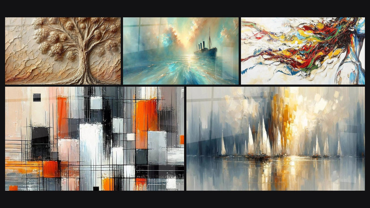 Mosaic of five paintings, including Ancient Tree, Heart of the Breeze and Mechanics of Colors