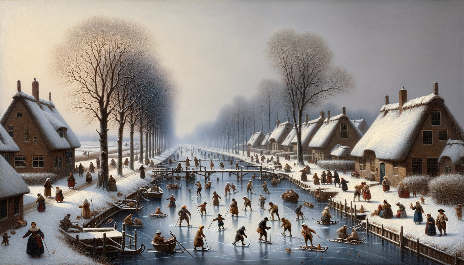 Paysage hivernal hollandais du XVIIe siècle style Hendrick Avercamp, canal gelé avec multitude de personnages détaillés patinant