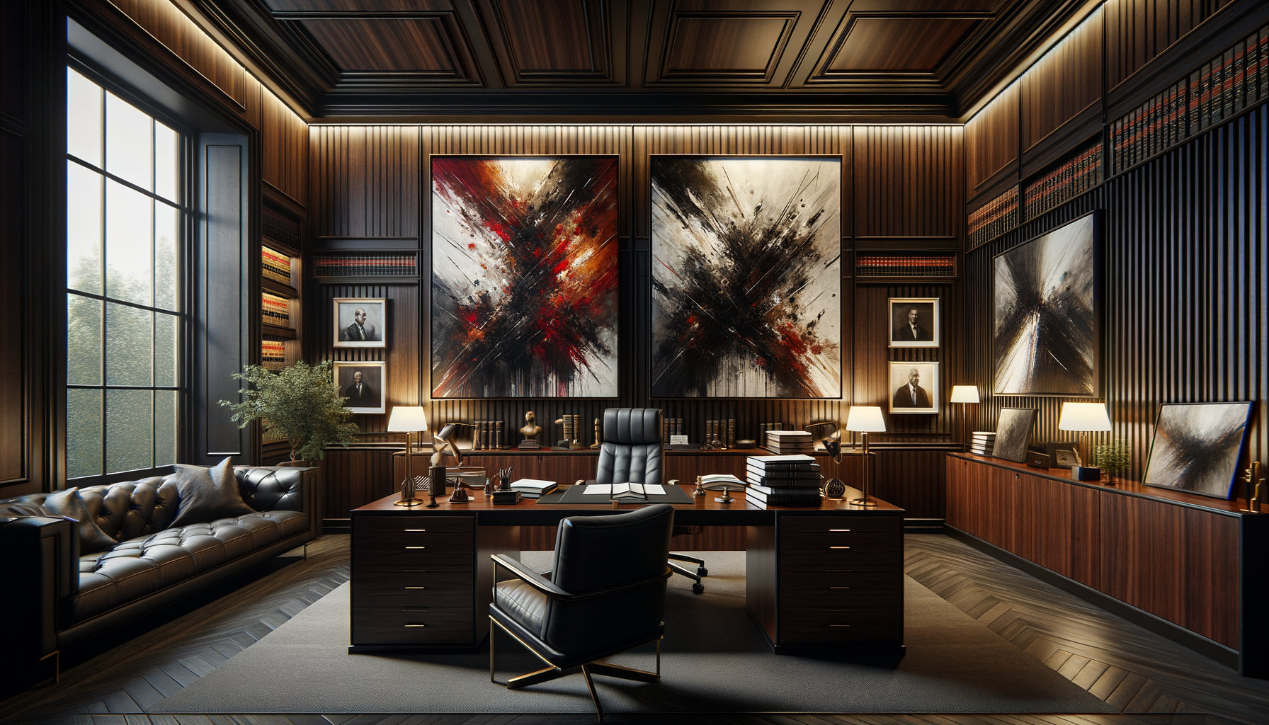 Bureau d'avocat pénaliste avec tableau expressionniste abstrait intense et œuvre minimaliste épurée côte à côte