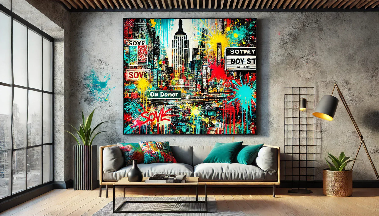 Tableau street art multicolore aux couleurs vibrantes, représentant une fresque murale colorée avec des motifs urbains, du graffiti design et des contrastes pop art pour une décoration murale street art dynamique et contemporaine.