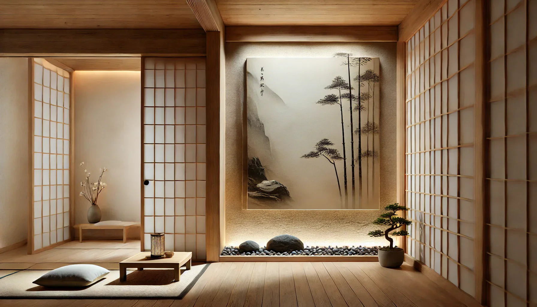 Mur zen inspiré du Japon avec une décoration murale zen mêlant bois naturel, pierre, peinture murale zen et lumière tamisée pour une ambiance apaisante et harmonieuse.