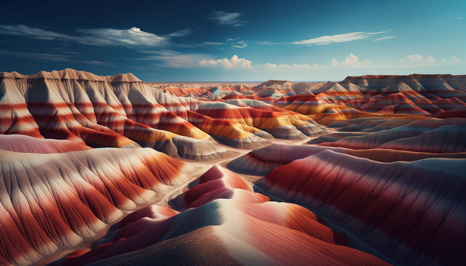 Badlands américains aux strates minérales colorées, lumière pure du désert, palette naturelle ocre et terracotta, style Georgia O'Keeffe